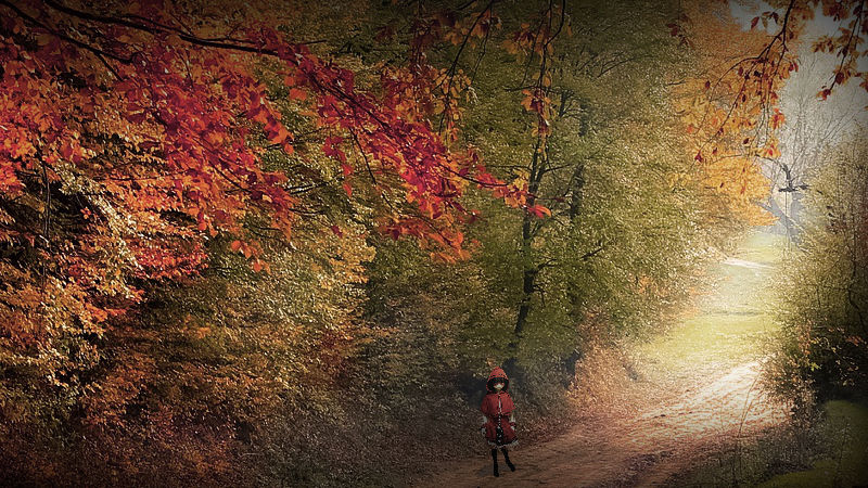 秋、山道を散歩する等身大人形。２号。鳥瞰１枚目。